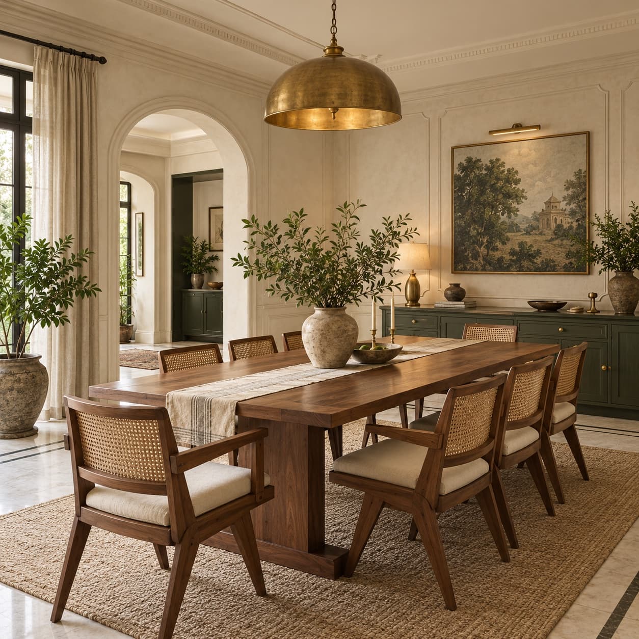 Illustrative dining-room concept with warm plaster, walnut, cane and brass details