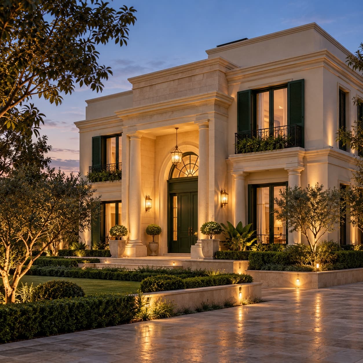 Illustrative home exterior concept with warm stone and green accents