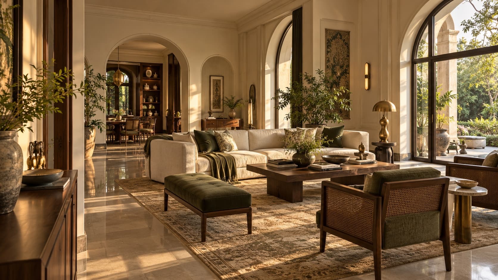 Illustrative concept of a warm, light-filled Indian living room with forest-green accents and walnut furniture