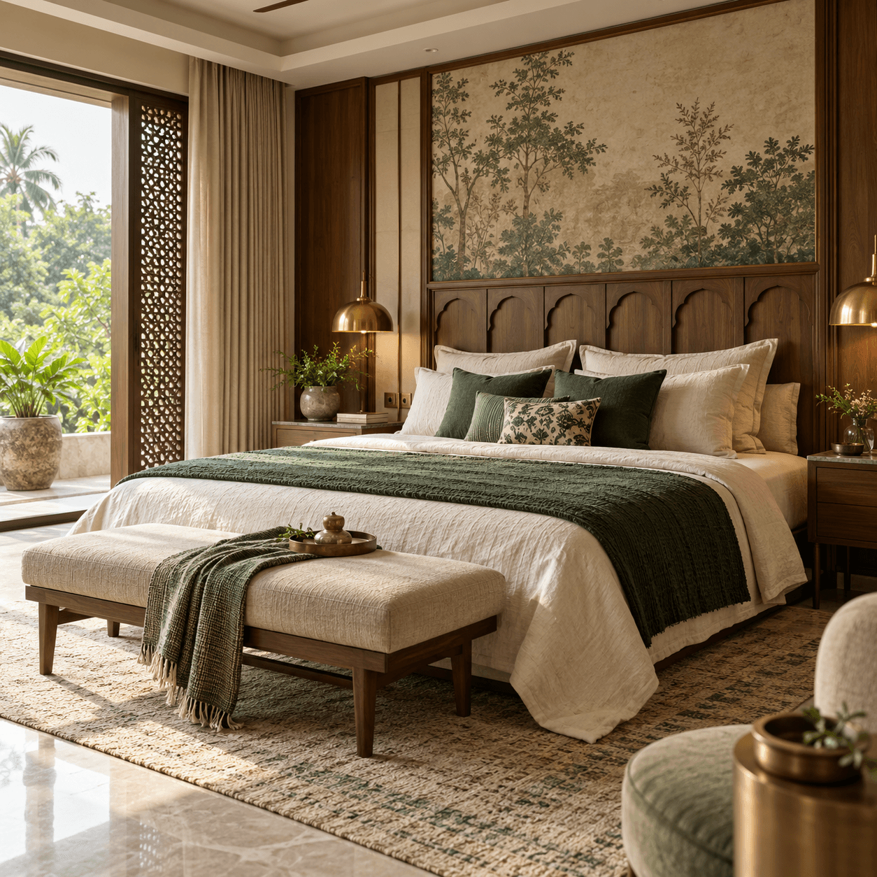 Illustrative bedroom retreat in forest green, parchment and walnut