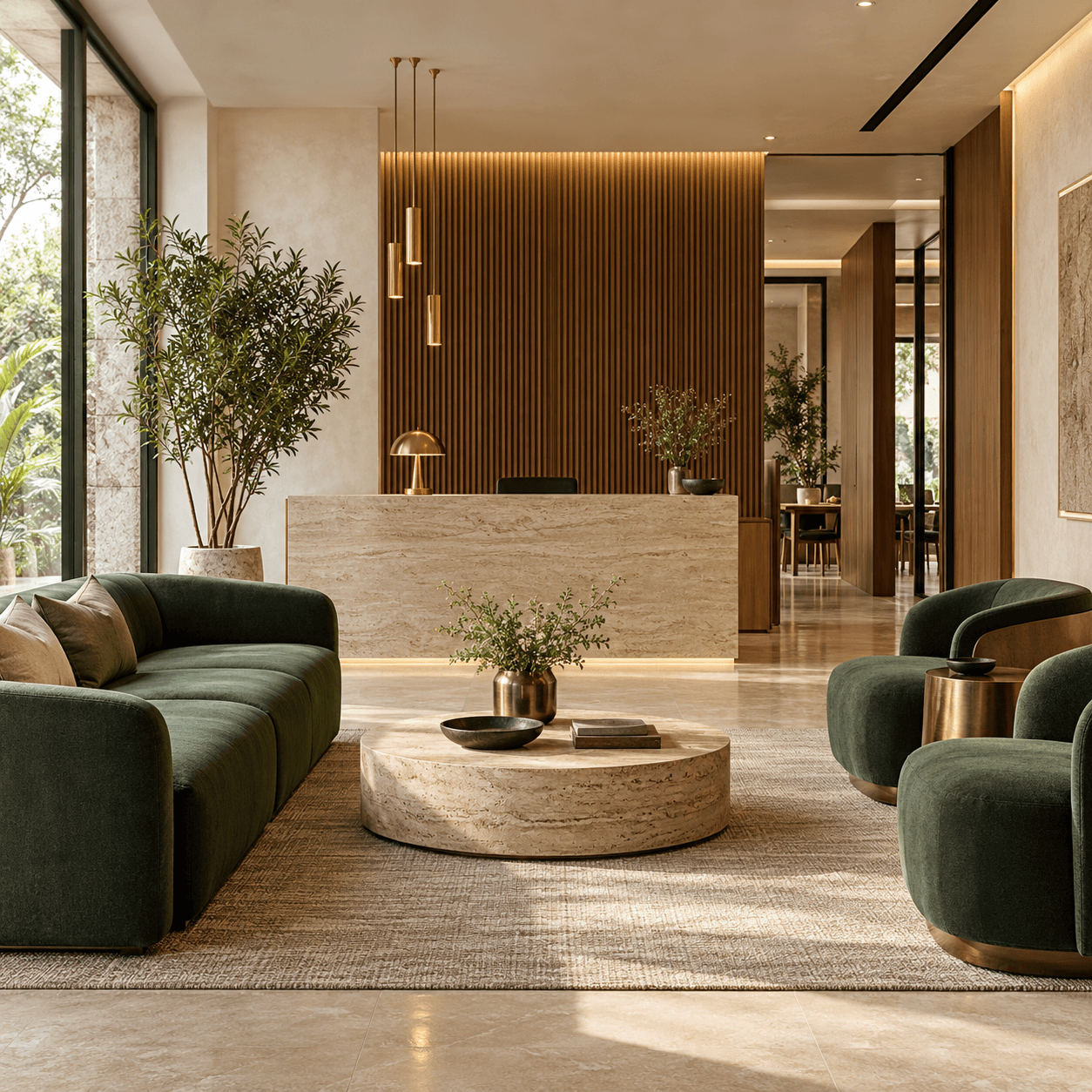 Illustrative boutique reception concept with forest-green seating and walnut finishes