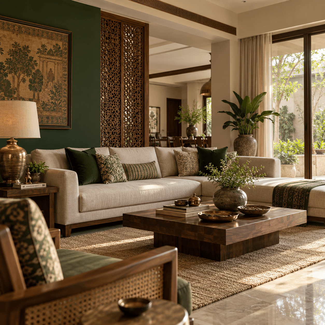 Illustrative living room concept with forest-green accents, parchment upholstery and warm wood